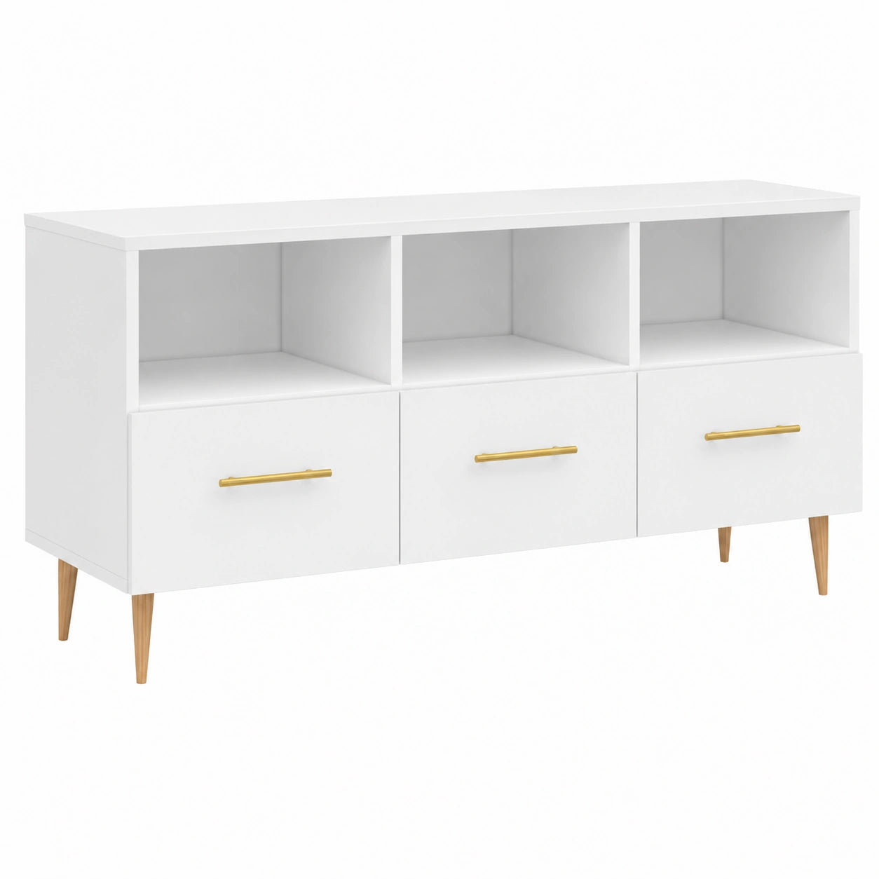 Mobile TV moderno bianco, 102x36x50 cm, legno e ferro, con vano portaoggetti, design scandinavo per soggiorno