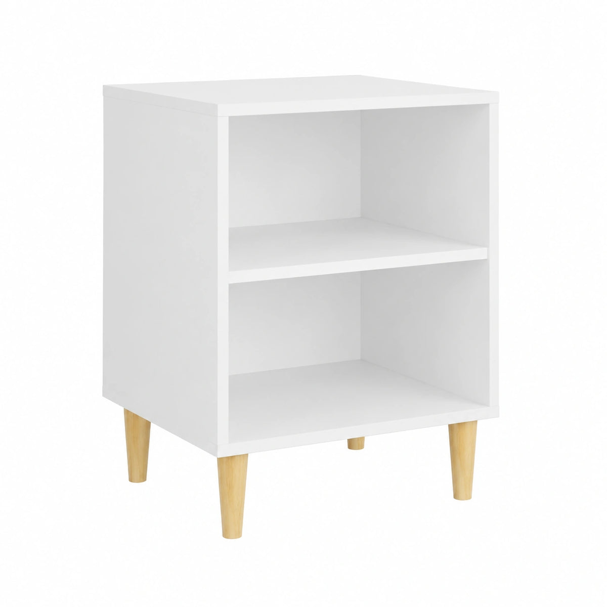 Coppia di Comodini Scandinavi con Gambe in Eucalipto, Bianco Lucido, 2 Scomparti, 40x30x50 cm