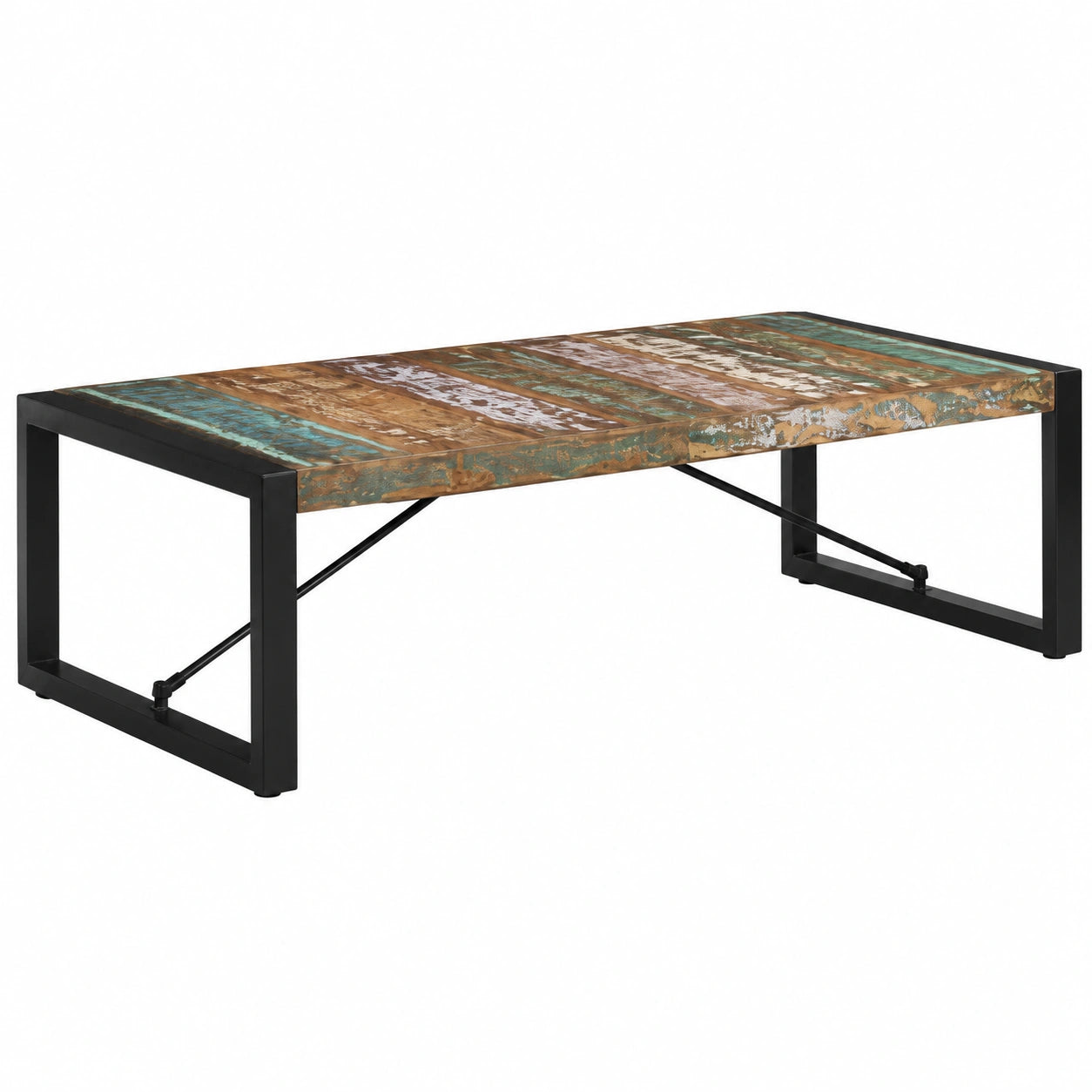 Tavolino da salotto in teak riciclato con gambe in acciaio, stile industriale, 140x70 cm