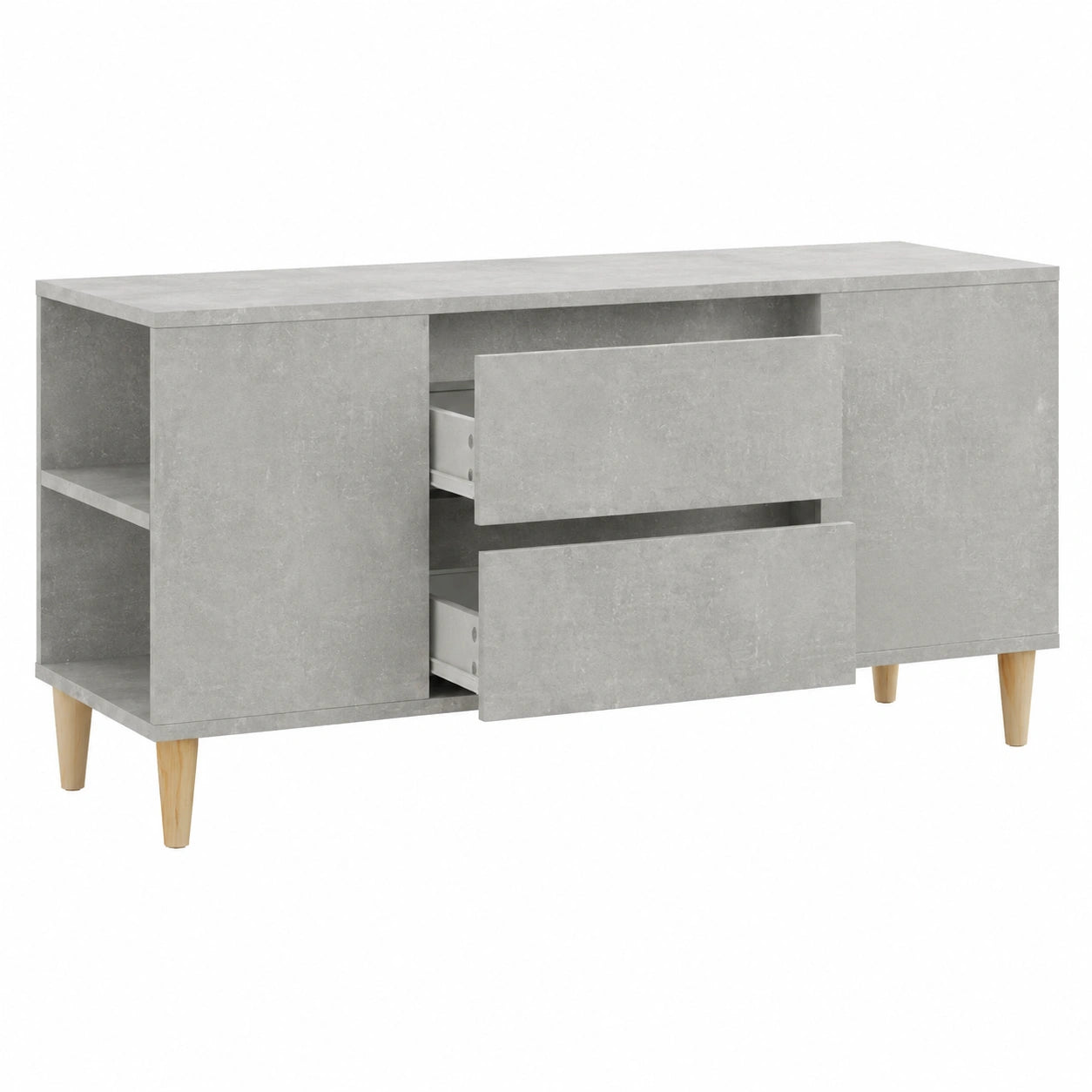 Mobile TV in legno grigio cemento con 4 scomparti aperti e 2 cassetti, design nordico, 102 x 44,5 x 50 cm, ideale per soggiorno e camera da letto