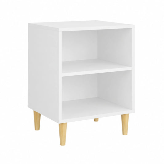 Coppia di Comodini Scandinavi con Gambe in Eucalipto, Bianco Lucido, 2 Scomparti, 40x30x50 cm