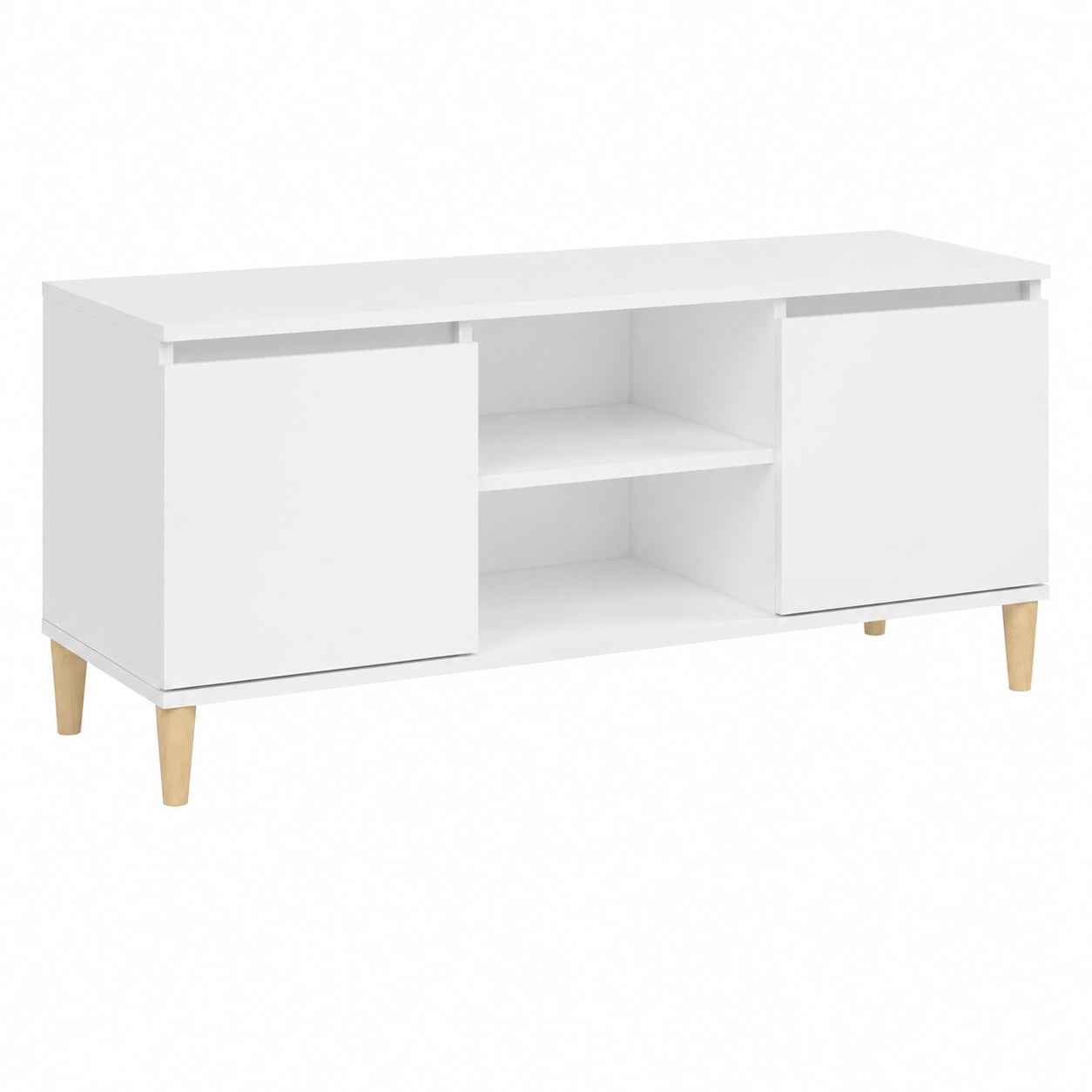 Mobile TV scandinavo bianco con gambe in legno, 103,5x35x50 cm, 2 ripiani e scomparti