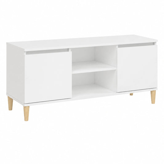 Mobile TV scandinavo bianco con gambe in legno, 103,5x35x50 cm, 2 ripiani e scomparti