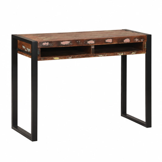 Tavolo da Trucco Industriale in Legno di Recupero Multicolore con Specchio e 2 Cassetti 100x50x75 cm