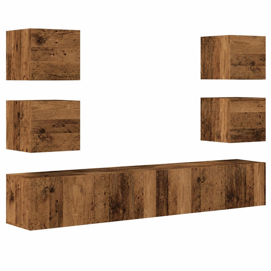 Mobile TV sospeso scandinavo, 6 pezzi, effetto legno vintage, con scomparti portaoggetti, design moderno per soggiorno