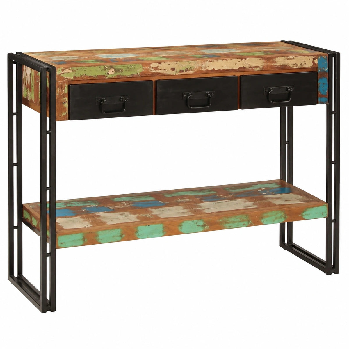 Console in Legno Riciclato con Ripiano e Cassetti, Stile Industriale