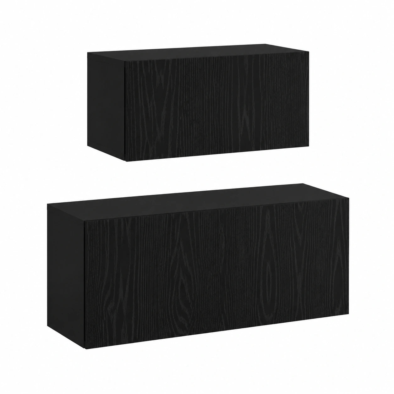 Coppia di mobili TV sospesi in rovere nero, ante a cerniera, salvaspazio, credenza moderna