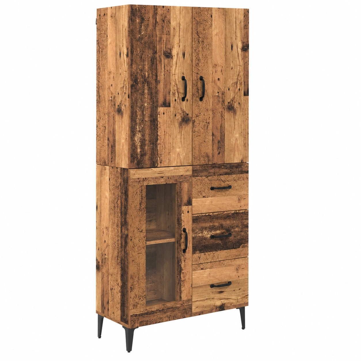 Credenza Moderna in Legno Anticato con Cassetto e Ante, 69,5x34x180 cm, Armadietto Alto per Soggiorno e Corridoio