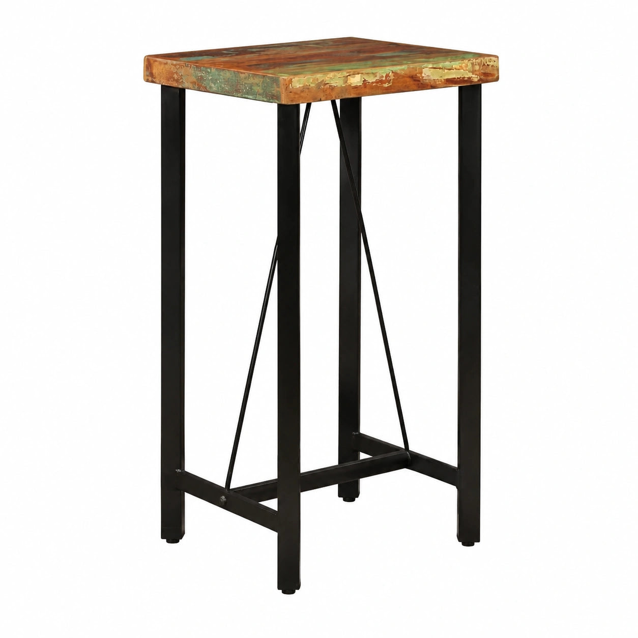Set Bar Industriale 5 Pezzi in Legno Riciclato e Acciaio, Tavolo 60x60x107 cm con 4 Sgabelli 30x76 cm, Facile Montaggio