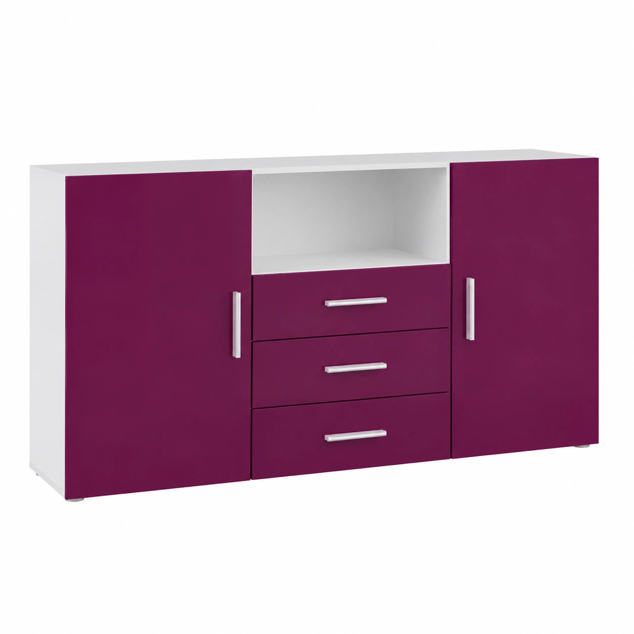 Credenza Moderna con Ante e Cassetti, Bianco Opaco e Porpora Lucido