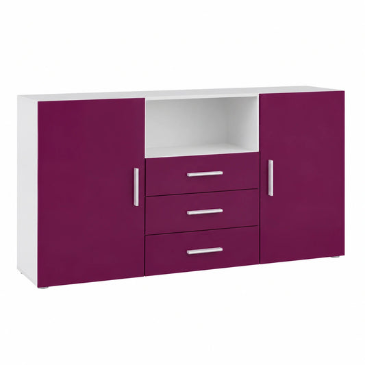 Credenza Moderna con Ante e Cassetti, Bianco Opaco e Porpora Lucido