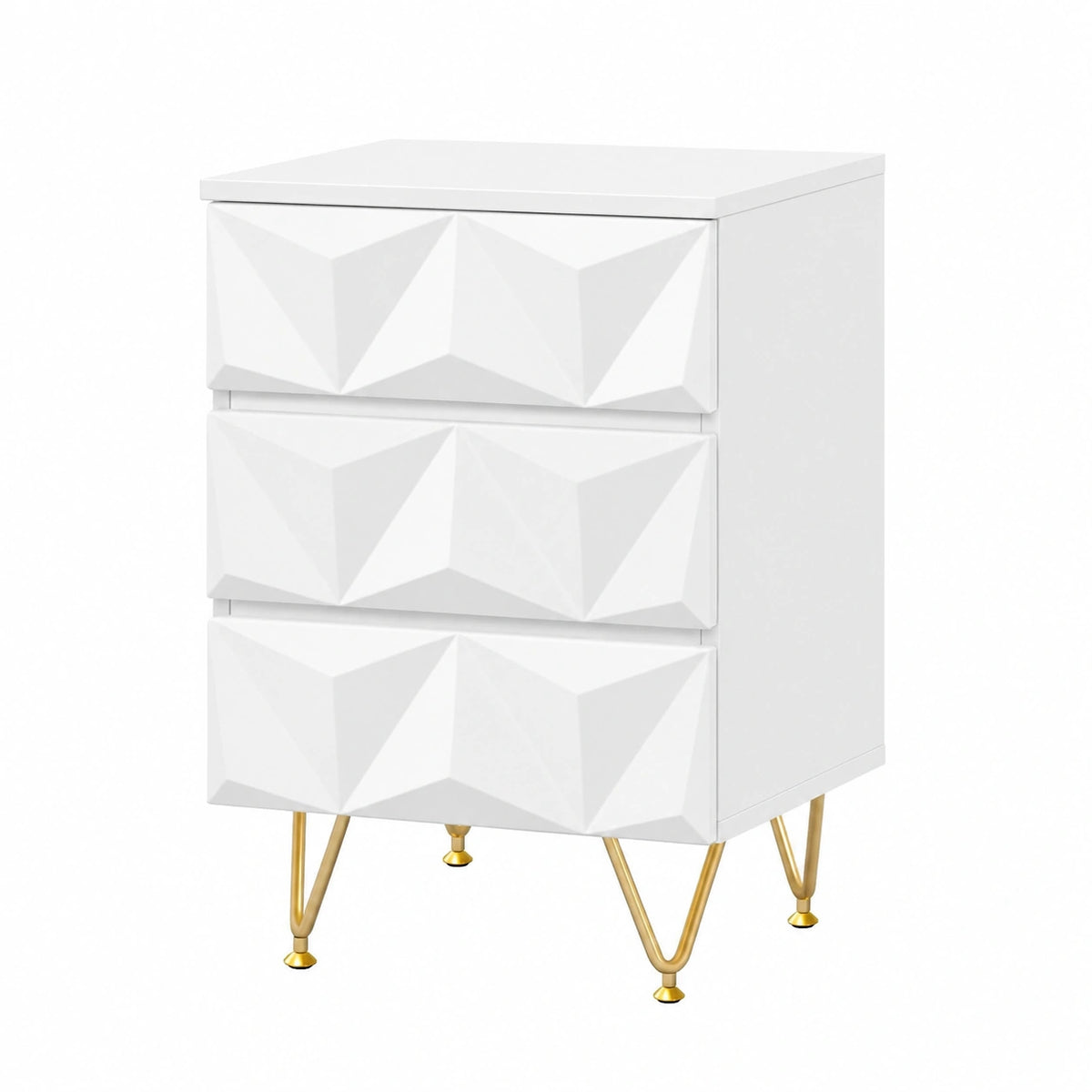 Comodino Moderno con 3 Cassetti, Design Elegante in Bianco e Oro