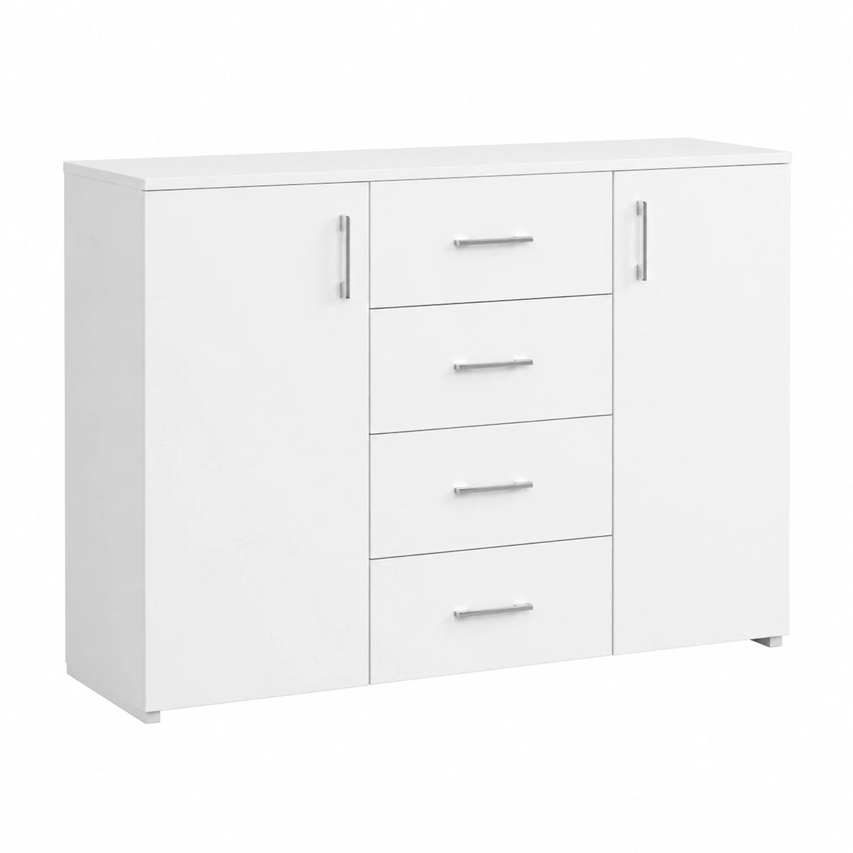 Cassettiera Moderna con 4 Cassetti e 2 Ripiani con Ante per Ingresso e Bagno, Bianco 110x80x35 cm